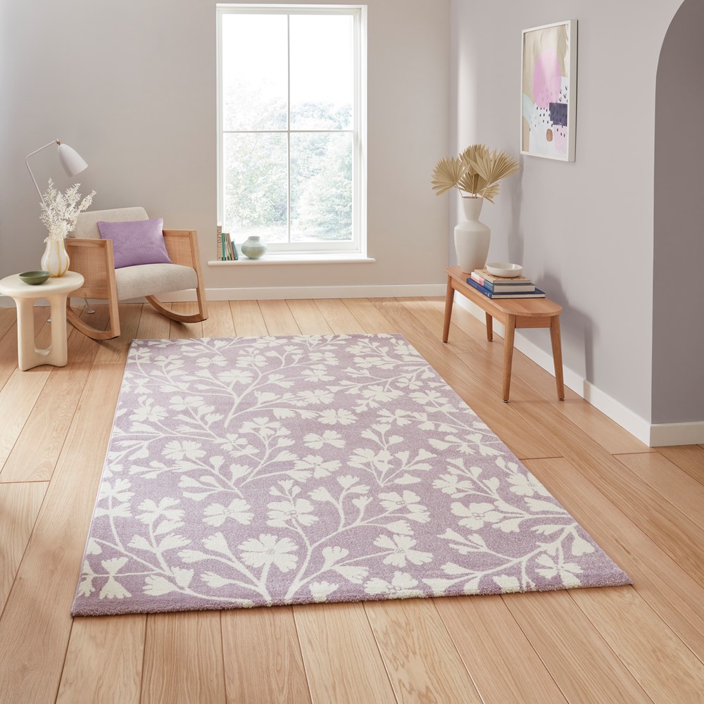 Grace Floral Modern Carved Rugs by Catherine Lansfield in Lilac Purple